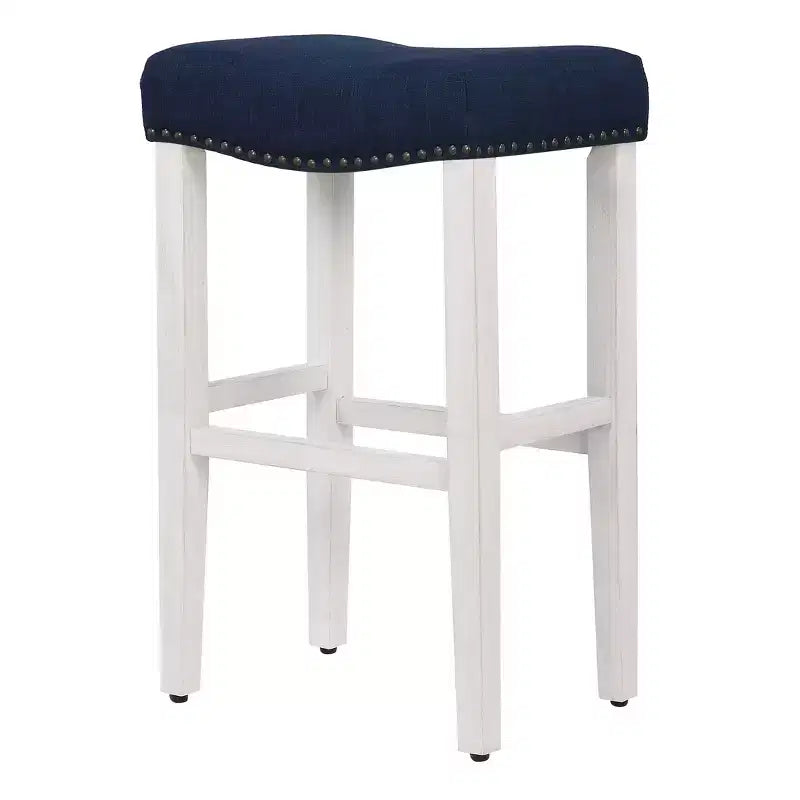 Tabouret de bar sans dossier, assise en selle rembourrée, blanc antique/bleu marine