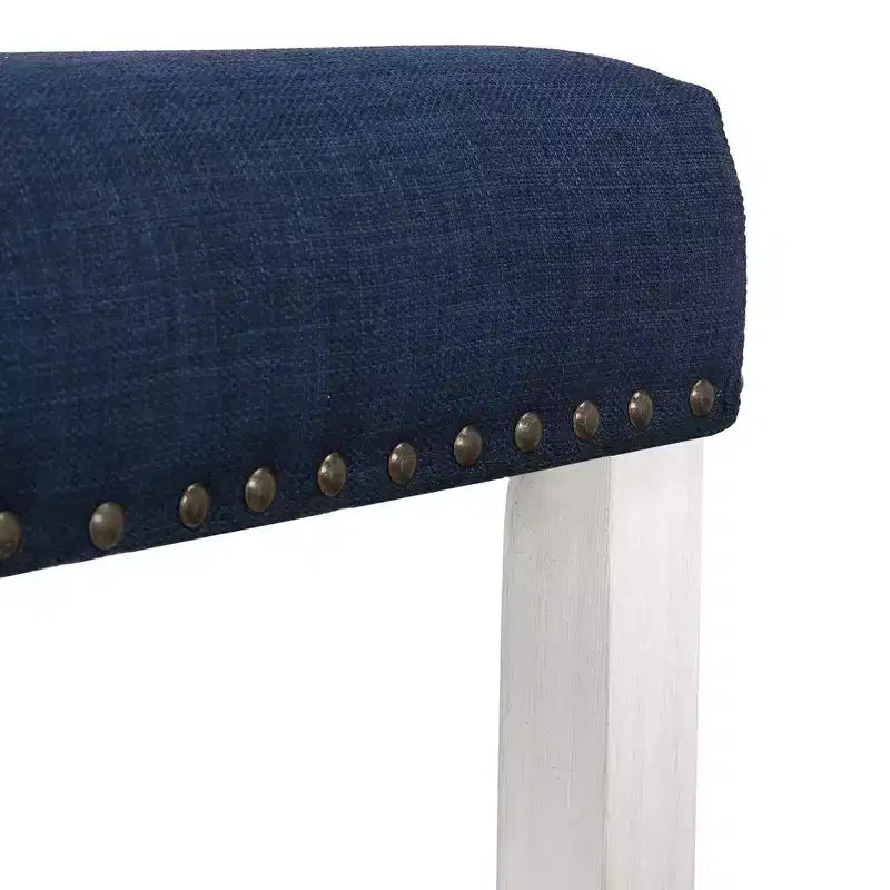 Tabouret de bar sans dossier, assise en selle rembourrée, blanc antique/bleu marine
