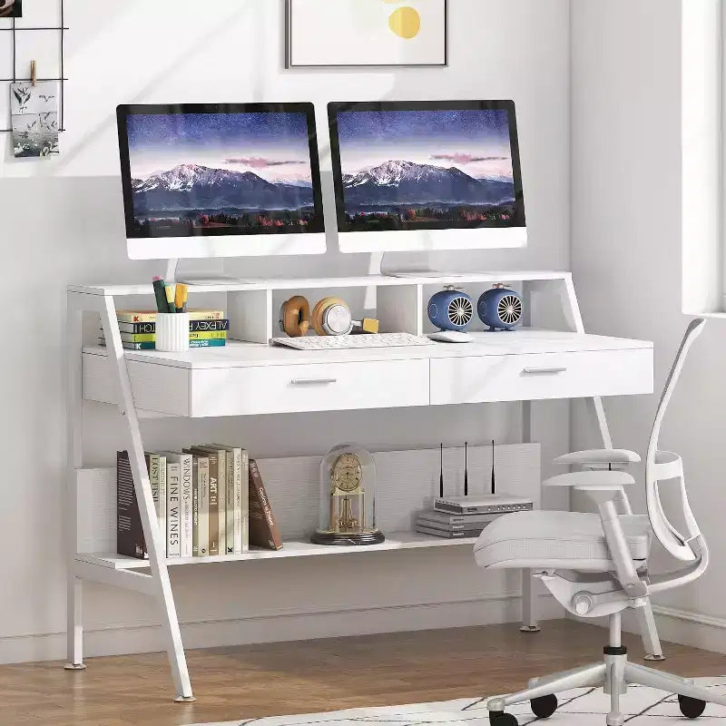 Bureau informatique moderne 47" avec étagère de rangement et tiroirs, table d'écriture de bureau avec support d'écran surélevé pour bureau à domicile