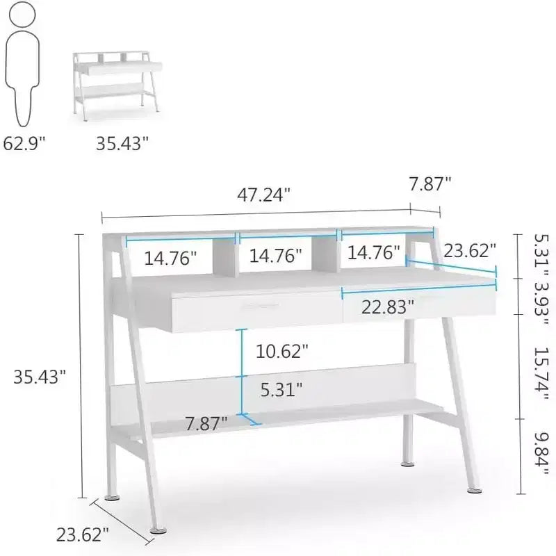 Bureau informatique moderne 47" avec étagère de rangement et tiroirs, table d'écriture de bureau avec support d'écran surélevé pour bureau à domicile