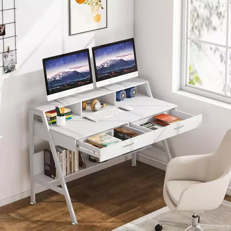 Bureau informatique moderne 47" avec étagère de rangement et tiroirs, table d'écriture de bureau avec support d'écran surélevé pour bureau à domicile
