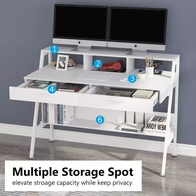 Bureau informatique moderne 47" avec étagère de rangement et tiroirs, table d'écriture de bureau avec support d'écran surélevé pour bureau à domicile