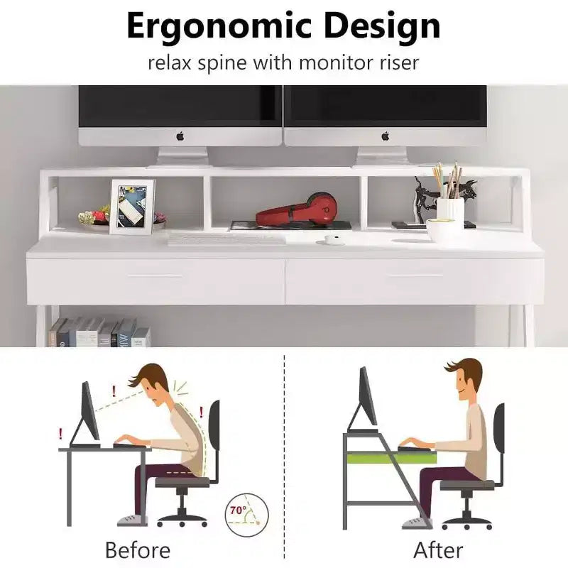 Bureau informatique moderne 47" avec étagère de rangement et tiroirs, table d'écriture de bureau avec support d'écran surélevé pour bureau à domicile