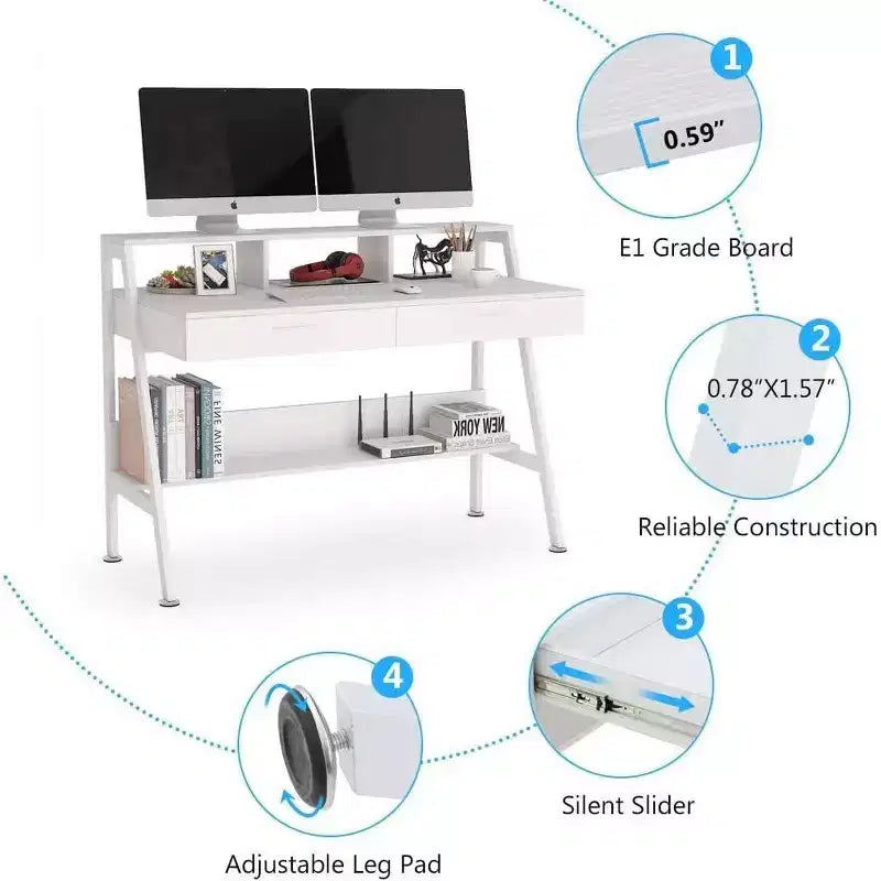 Bureau informatique moderne 47" avec étagère de rangement et tiroirs, table d'écriture de bureau avec support d'écran surélevé pour bureau à domicile