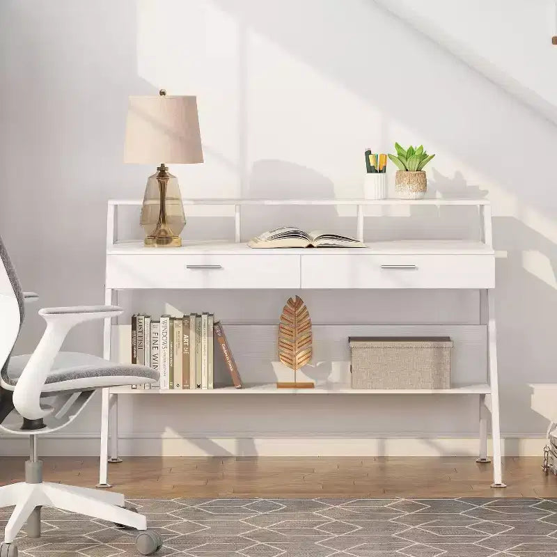 Bureau informatique moderne 47" avec étagère de rangement et tiroirs, table d'écriture de bureau avec support d'écran surélevé pour bureau à domicile