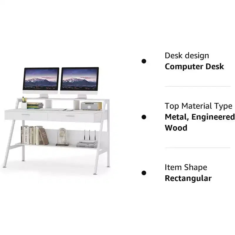 Bureau informatique moderne 47" avec étagère de rangement et tiroirs, table d'écriture de bureau avec support d'écran surélevé pour bureau à domicile