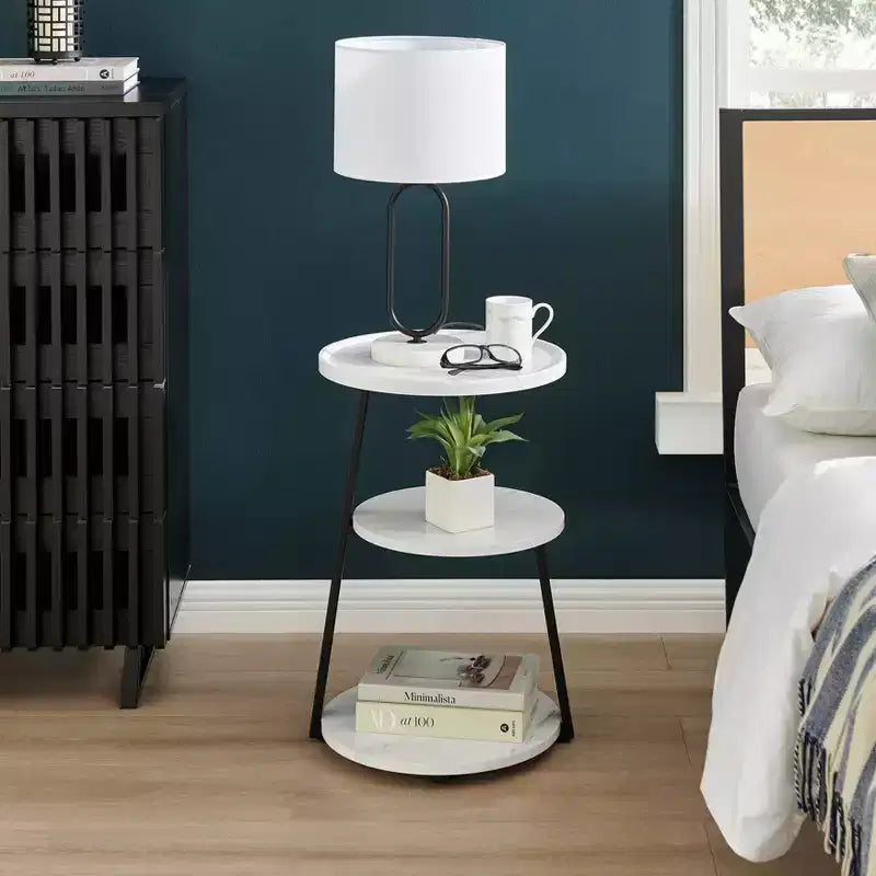 Table d'appoint ronde à 3 niveaux de style Mid-Century avec pieds en piédestal modernes