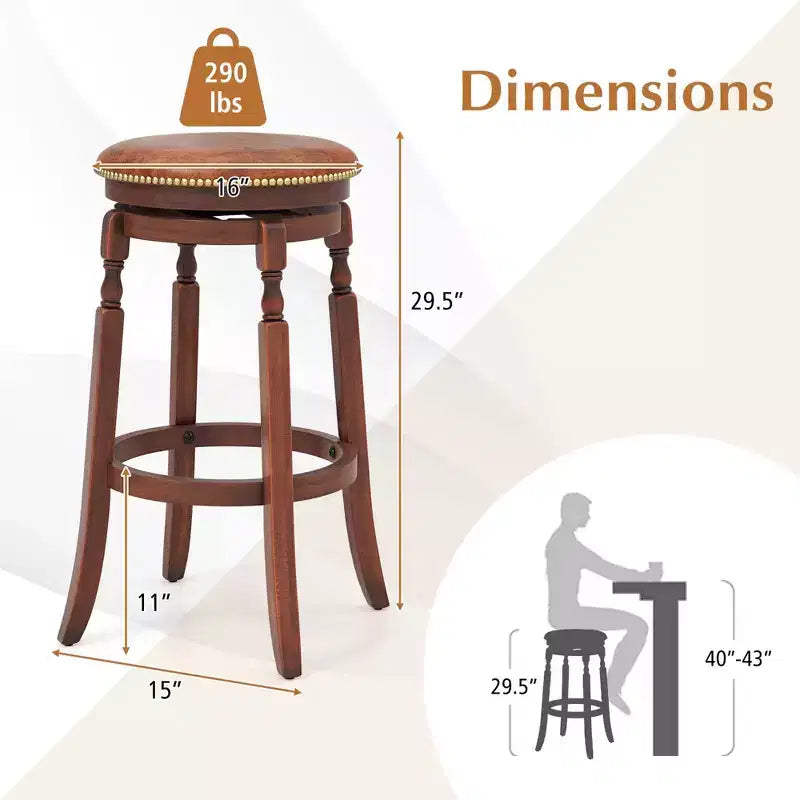 Tabouret de bar pivotant avec assise rembourrée et cadre en bois d'hévéa rond noyer