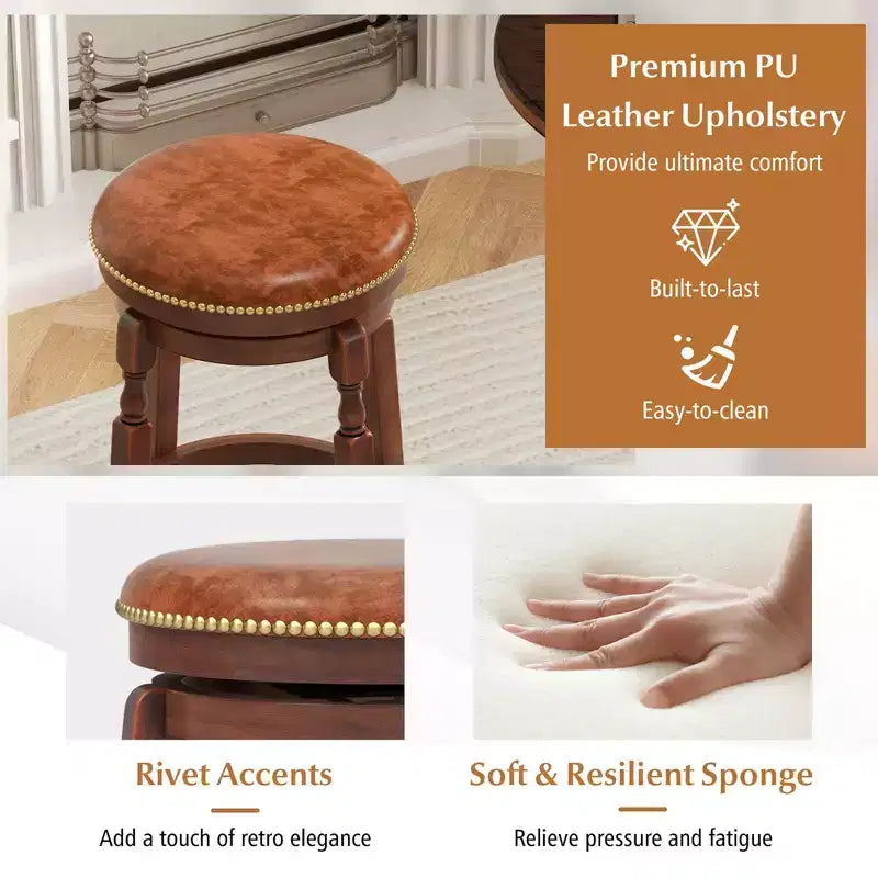 Tabouret de bar pivotant avec assise rembourrée et cadre en bois d'hévéa rond noyer