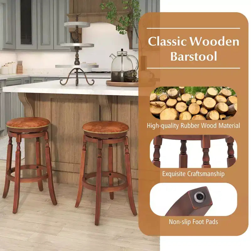 Tabouret de bar pivotant avec assise rembourrée et cadre en bois d'hévéa rond noyer