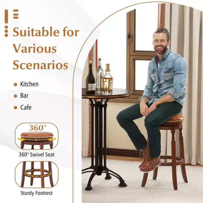 Tabouret de bar pivotant avec assise rembourrée et cadre en bois d'hévéa rond noyer