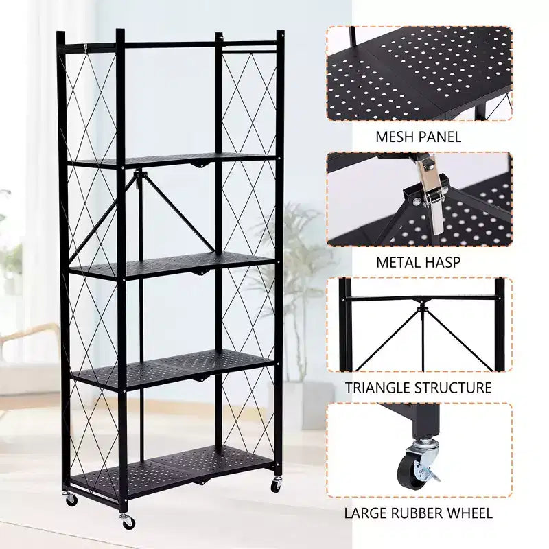 Étagère de rangement pliable à 5 niveaux avec roulettes Capacité de 340 kg Pas de montage Rehausseur en acier Noir