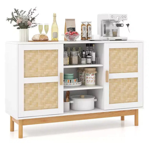 Costway 48 Sideboard Buffet Cabinet with 2 Bamboo Woven Doors 3 Open Shelves for Kitchen White
