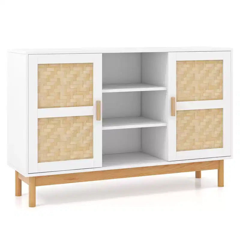 Buffet de 48 po avec 2 portes tressées en bambou et 3 étagères ouvertes pour cuisine, blanc