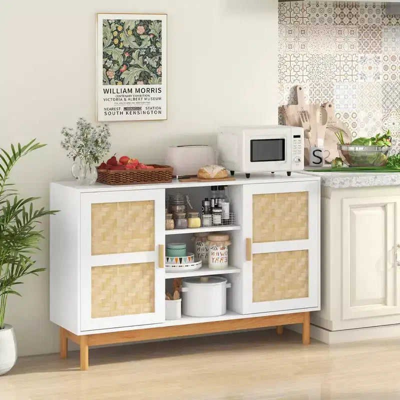 Buffet de 48 po avec 2 portes tressées en bambou et 3 étagères ouvertes pour cuisine, blanc