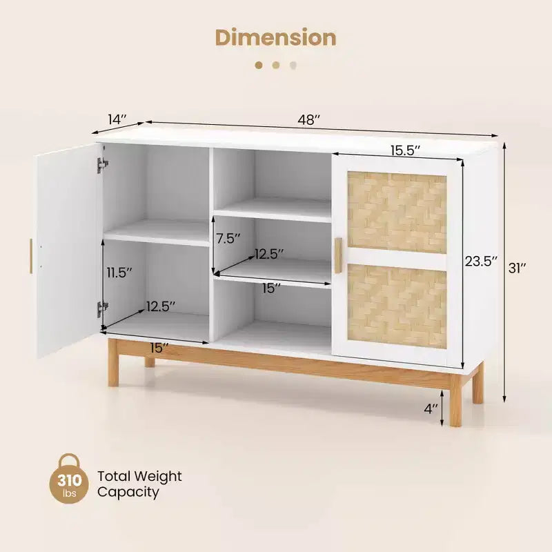 Buffet de 48 po avec 2 portes tressées en bambou et 3 étagères ouvertes pour cuisine, blanc