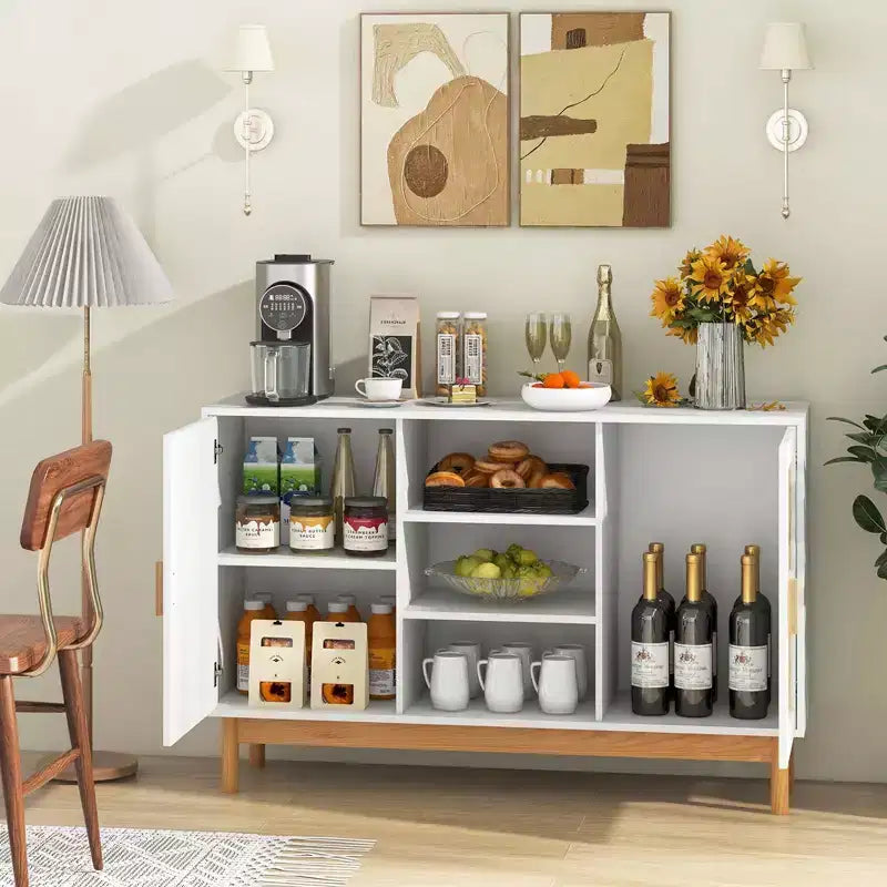 Buffet de 48 po avec 2 portes tressées en bambou et 3 étagères ouvertes pour cuisine, blanc