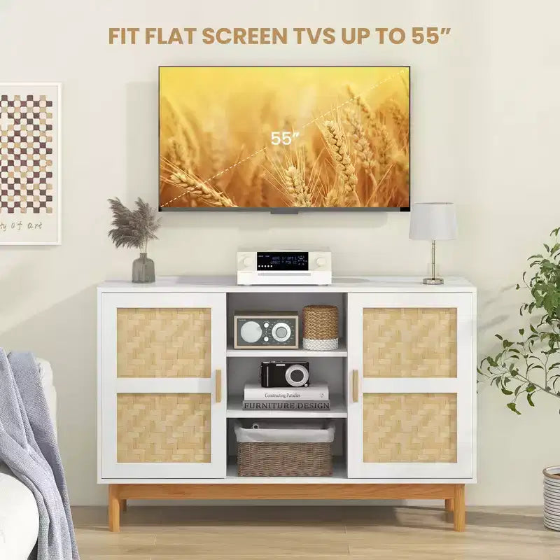 Buffet de 48 po avec 2 portes tressées en bambou et 3 étagères ouvertes pour cuisine, blanc