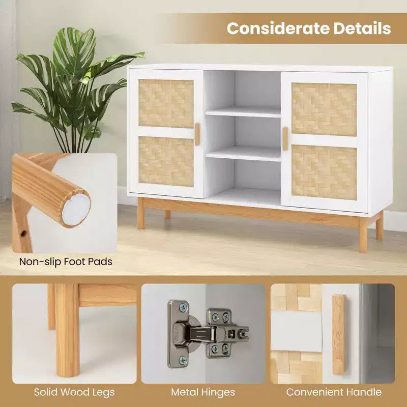 Buffet de 48 po avec 2 portes tressées en bambou et 3 étagères ouvertes pour cuisine, blanc