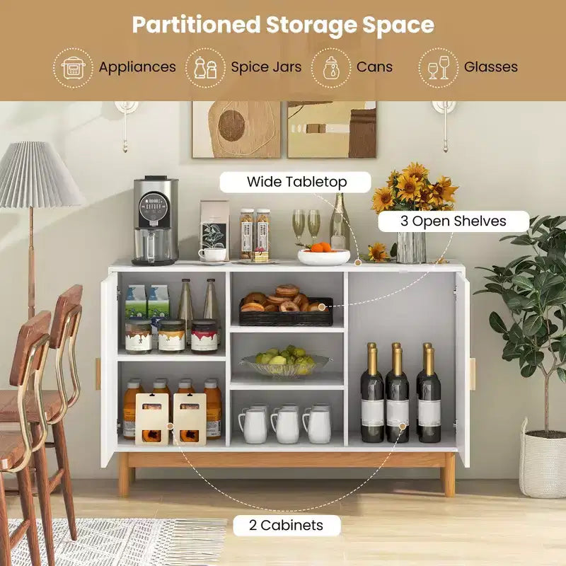 Buffet de 48 po avec 2 portes tressées en bambou et 3 étagères ouvertes pour cuisine, blanc