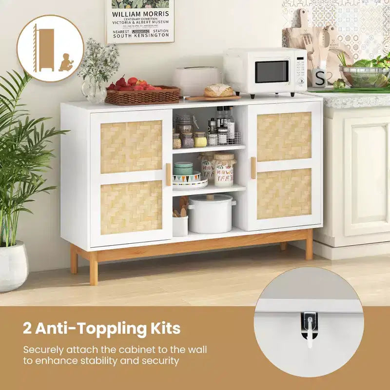 Buffet de 48 po avec 2 portes tressées en bambou et 3 étagères ouvertes pour cuisine, blanc