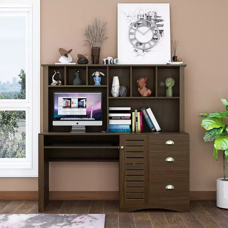 Bureau d'ordinateur de bureau avec étagère supérieure, Poste de travail avec tiroirs