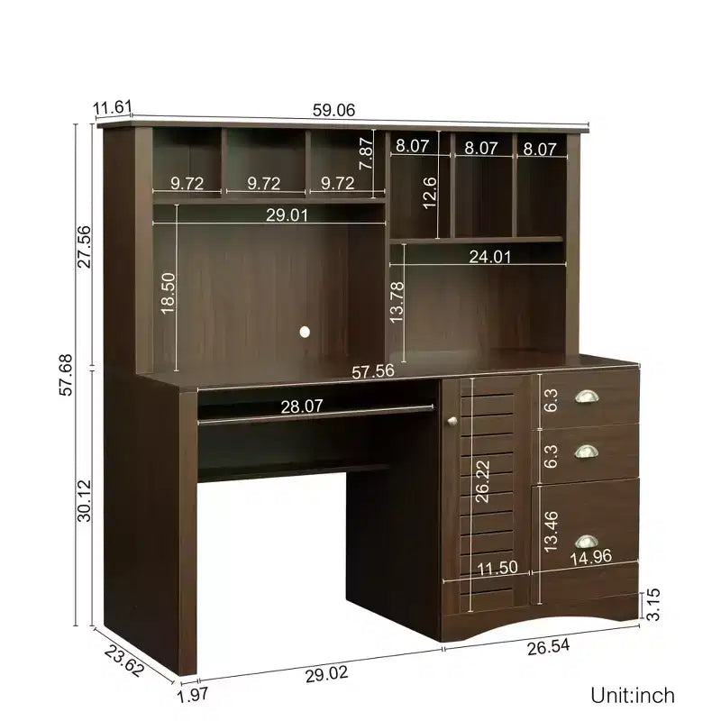 Bureau d'ordinateur de bureau avec étagère supérieure, Poste de travail avec tiroirs