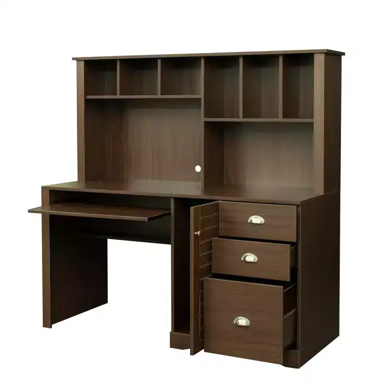 Bureau d'ordinateur de bureau avec étagère supérieure, Poste de travail avec tiroirs