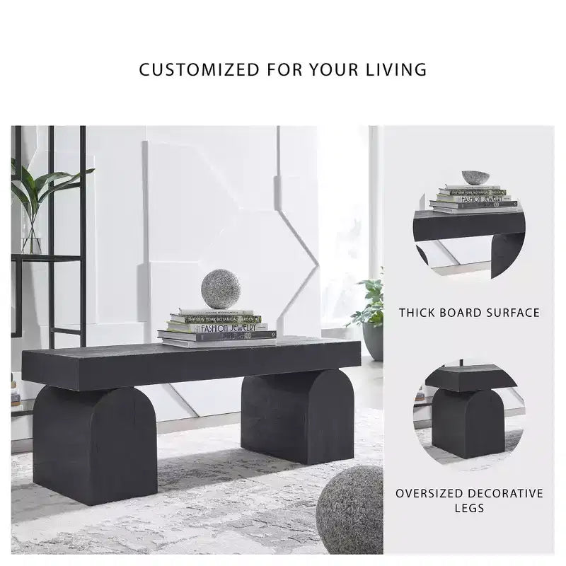 Banc d'appoint – Bois massif noir mat avec pieds décoratifs surdimensionnés