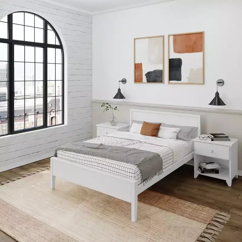 Cadre de lit double en bois massif avec tête de lit, lit plateforme moderne pour adultes