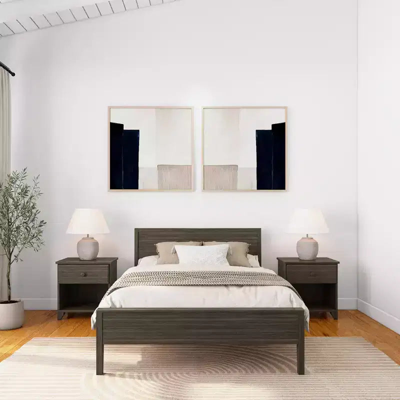Cadre de lit double en bois massif avec tête de lit, lit plateforme moderne pour adultes