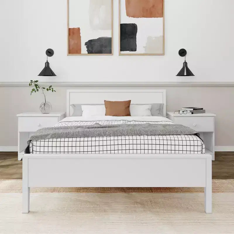 Cadre de lit double en bois massif avec tête de lit, lit plateforme moderne pour adultes