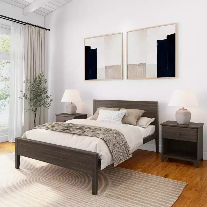 Cadre de lit double en bois massif avec tête de lit, lit plateforme moderne pour adultes