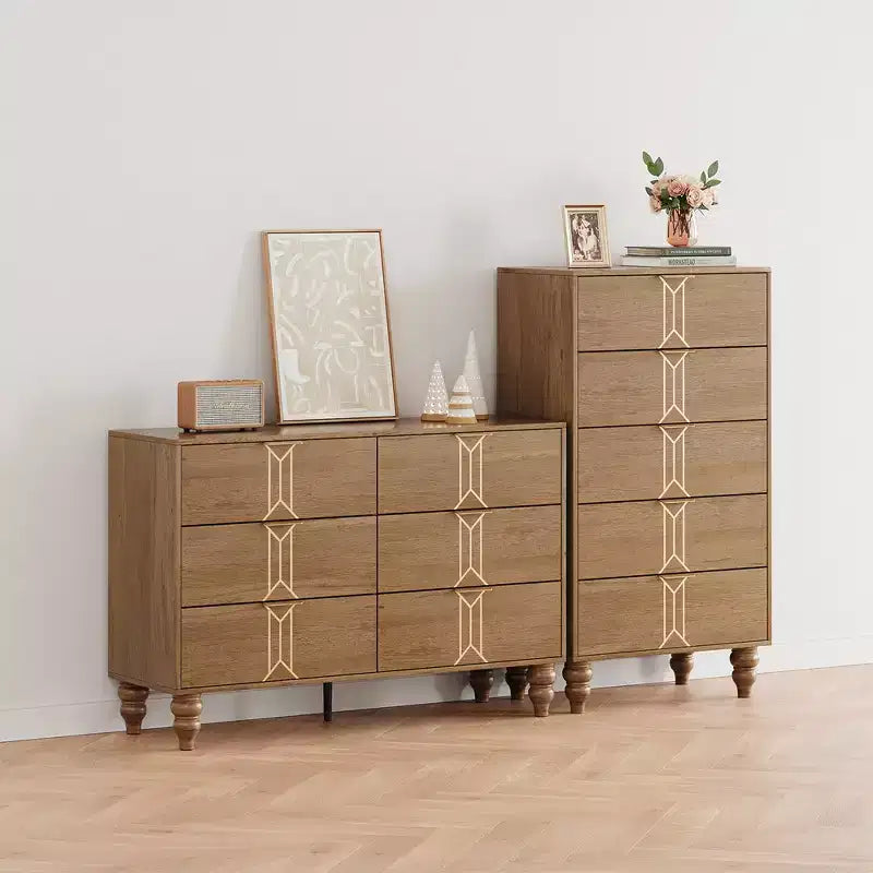 Commode moderne en bois à 5 tiroirs avec motif vintage, commode haute avec tiroirs profonds pour chambre et salon, noir et blanc