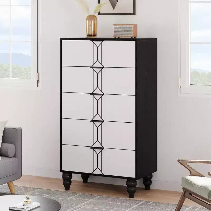 Commode moderne en bois à 5 tiroirs avec motif vintage, commode haute avec tiroirs profonds pour chambre et salon, noir et blanc