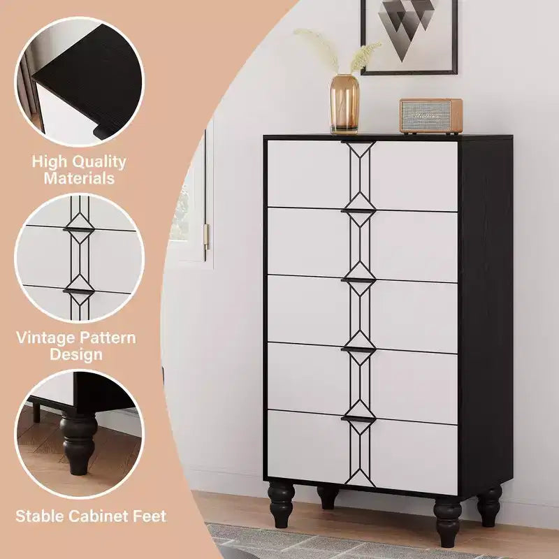 Commode moderne en bois à 5 tiroirs avec motif vintage, commode haute avec tiroirs profonds pour chambre et salon, noir et blanc