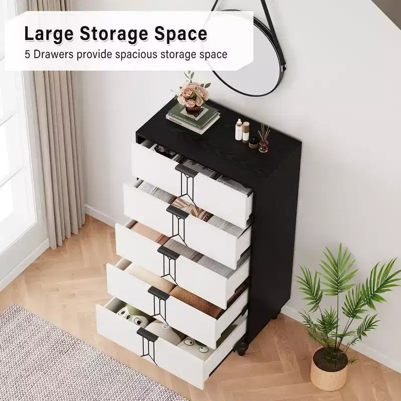 Commode moderne en bois à 5 tiroirs avec motif vintage, commode haute avec tiroirs profonds pour chambre et salon, noir et blanc
