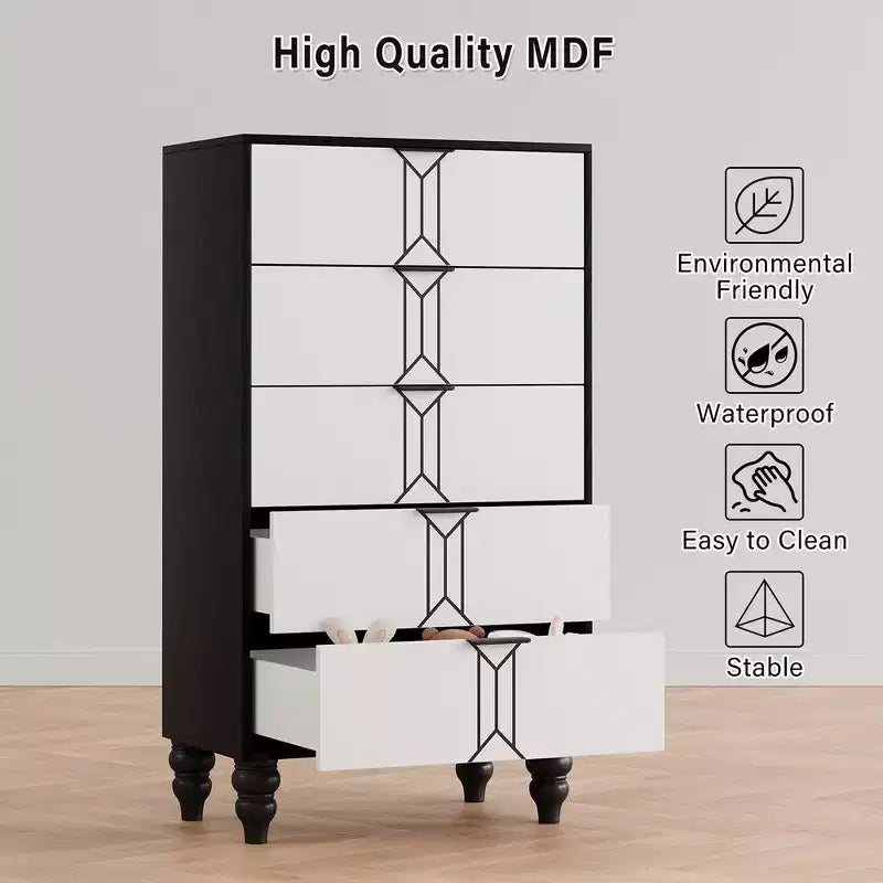 Commode moderne en bois à 5 tiroirs avec motif vintage, commode haute avec tiroirs profonds pour chambre et salon, noir et blanc