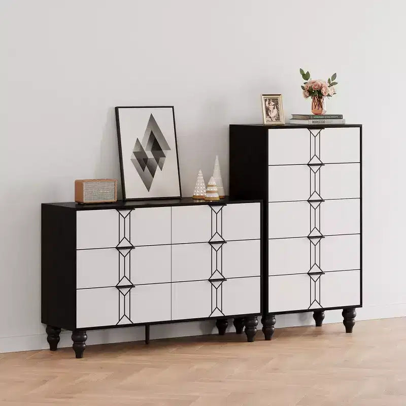 Commode moderne en bois à 5 tiroirs avec motif vintage, commode haute avec tiroirs profonds pour chambre et salon, noir et blanc