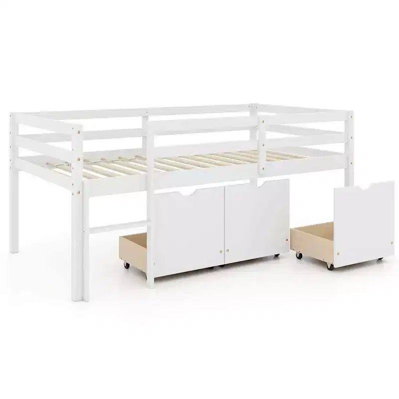 Lit mezzanine bas double avec échelle à 3 tiroirs et garde-corps pleine longueur, rangement blanc/gris