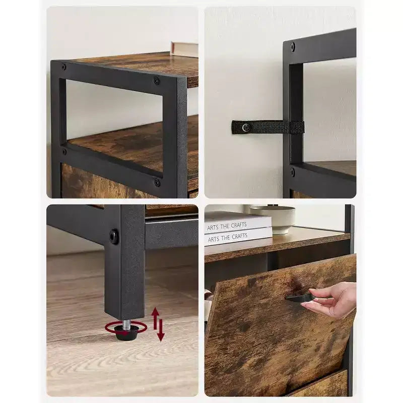 Meuble à chaussures avec 3 portes basculantes, étagère de rangement avec compartiment ouvert, séparateurs internes, pour 15 à 18 paires de chaussures, marron rustique et noir