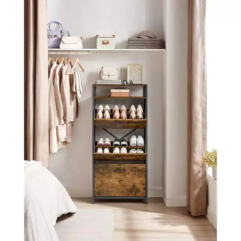 Meuble à chaussures avec 3 portes basculantes, étagère de rangement avec compartiment ouvert, séparateurs internes, pour 15 à 18 paires de chaussures, marron rustique et noir