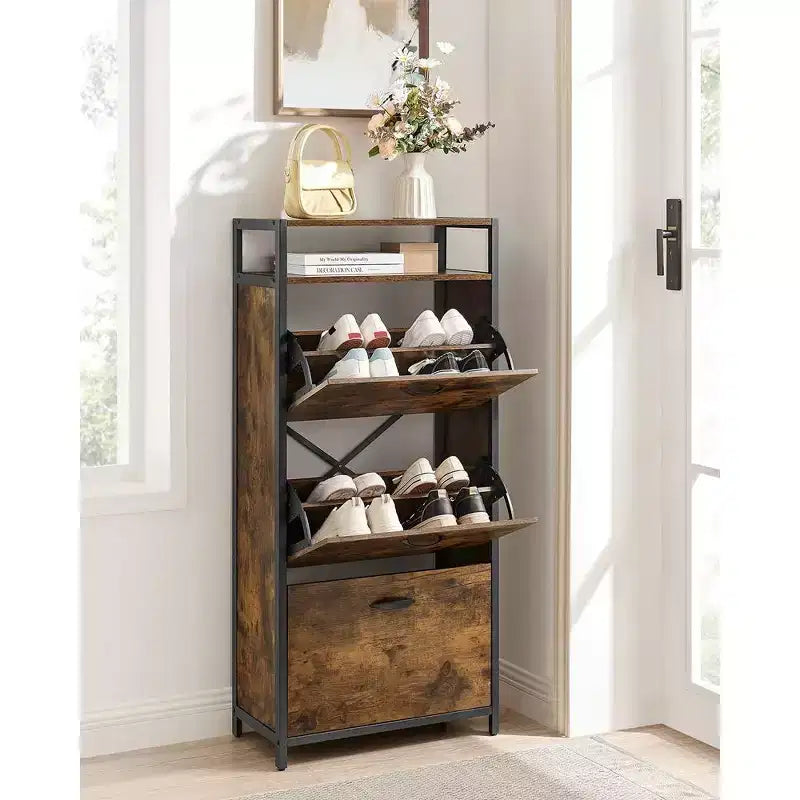 Meuble à chaussures avec 3 portes basculantes, étagère de rangement avec compartiment ouvert, séparateurs internes, pour 15 à 18 paires de chaussures, marron rustique et noir