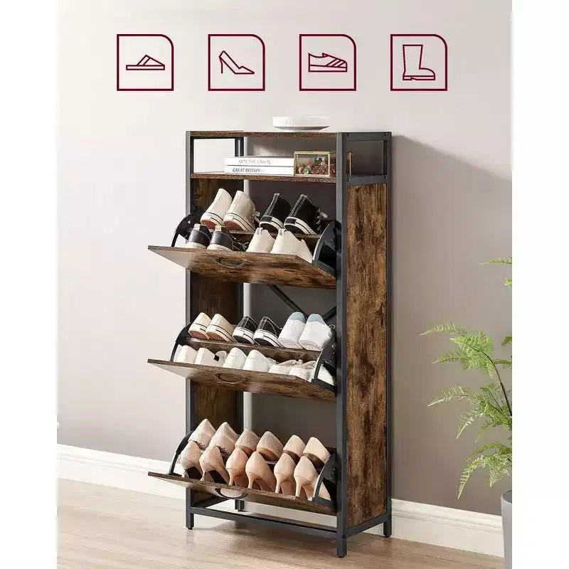 Meuble à chaussures avec 3 portes basculantes, étagère de rangement avec compartiment ouvert, séparateurs internes, pour 15 à 18 paires de chaussures, marron rustique et noir