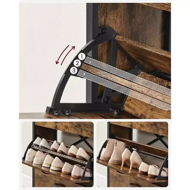 Meuble à chaussures avec 3 portes basculantes, étagère de rangement avec compartiment ouvert, séparateurs internes, pour 15 à 18 paires de chaussures, marron rustique et noir