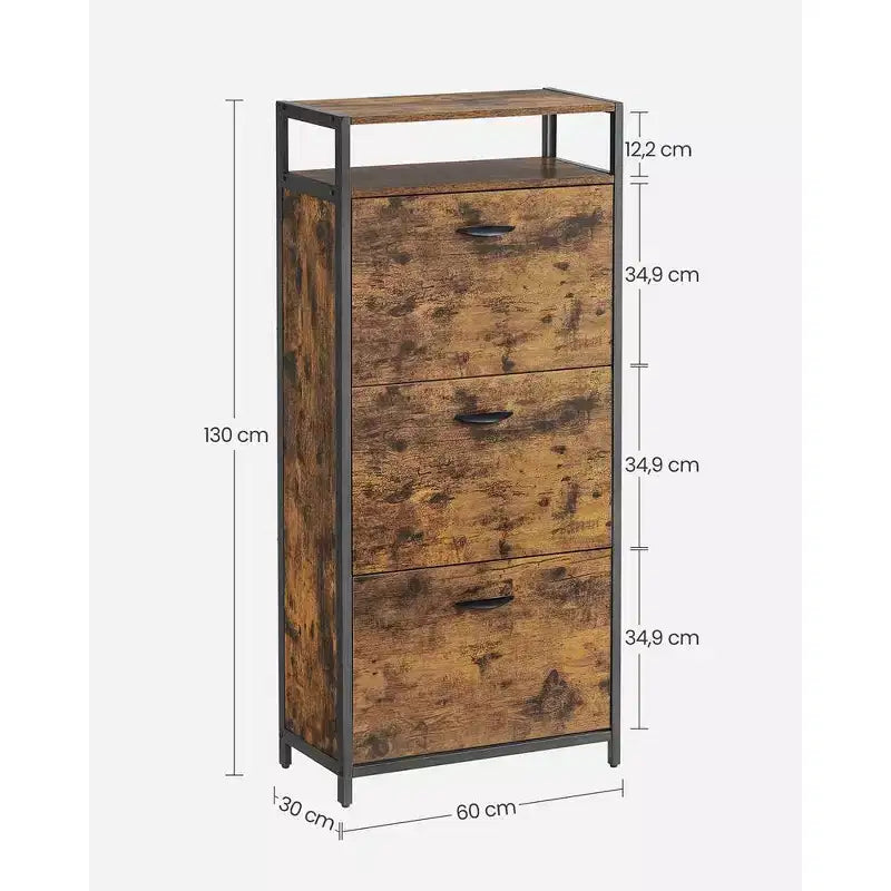 Meuble à chaussures avec 3 portes basculantes, étagère de rangement avec compartiment ouvert, séparateurs internes, pour 15 à 18 paires de chaussures, marron rustique et noir