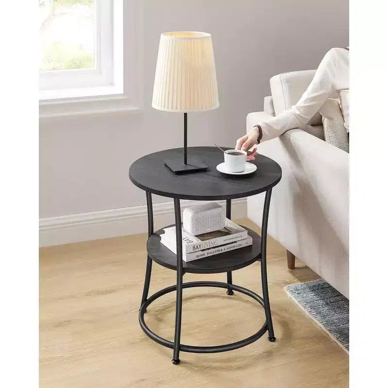 Table d'appoint ronde avec 2 étagères, table basse d'extérieur gris anthracite et noir encre