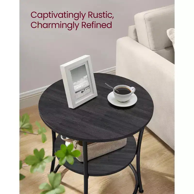 Table d'appoint ronde avec 2 étagères, table basse d'extérieur gris anthracite et noir encre