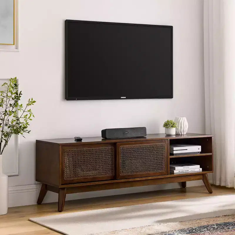 Meuble TV moderne en rotin pour téléviseur jusqu'à 65 pouces, meuble de rangement pour centre de divertissement avec porte coulissante, abstrait, marron, 150 cm, 1,5 m