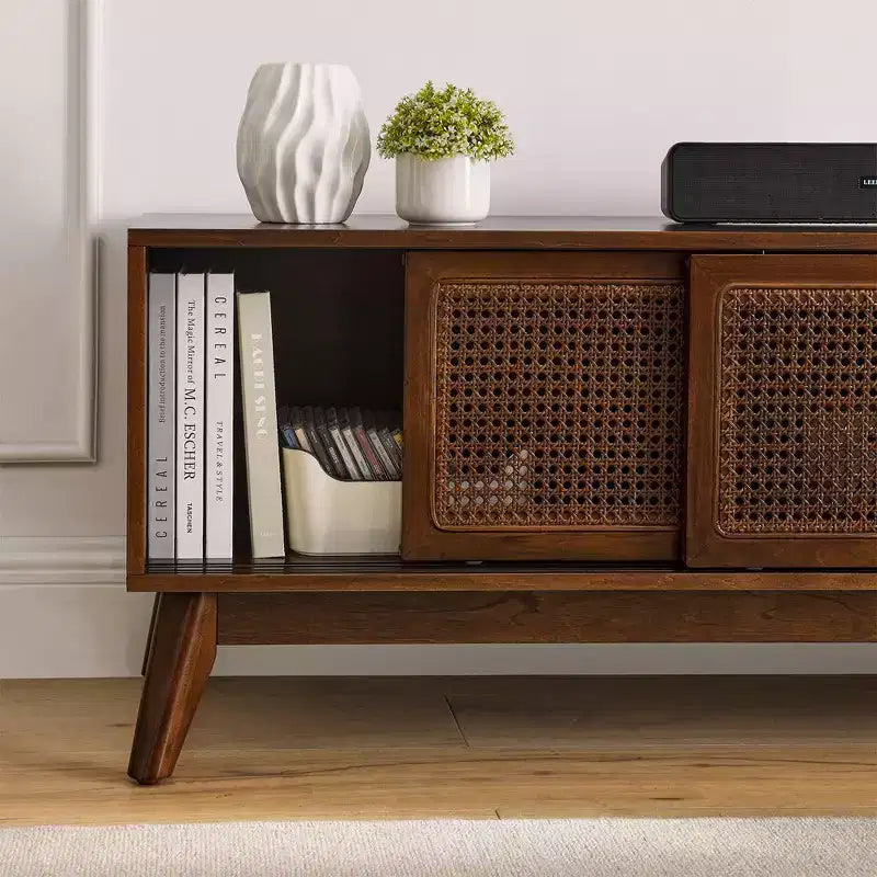 Meuble TV moderne en rotin pour téléviseur jusqu'à 65 pouces, meuble de rangement pour centre de divertissement avec porte coulissante, abstrait, marron, 150 cm, 1,5 m